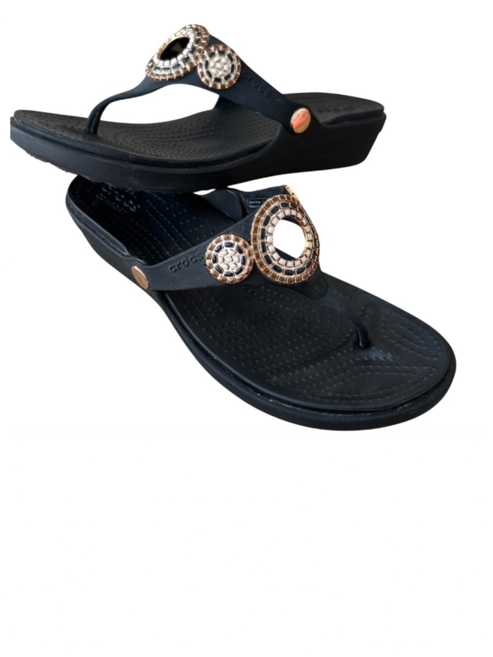 Crocs Sanrah Diamante Sz 10 Wedge Sandals Thong Flip Flops Black Comfort - Picture 3 of 4
